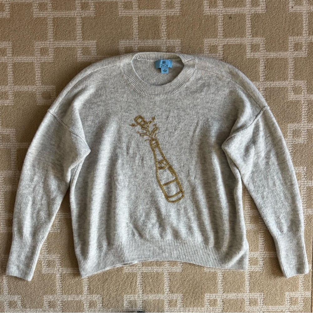 CeCe Champagne Bottle Beaded Sweater Gray Crewneck Party Holiday Size Small - Picture 7 of 7